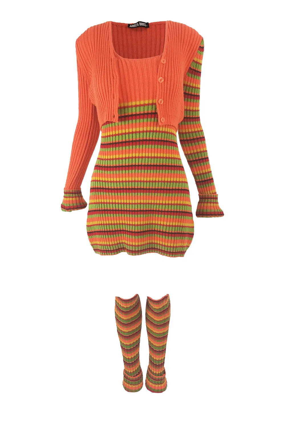 Aridza Bross Vintage y2k Striped Knit Dress, Cardigan & Leg Warmers