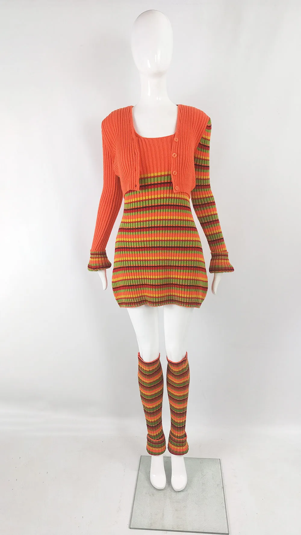 Aridza Bross Vintage y2k Striped Knit Dress, Cardigan & Leg Warmers