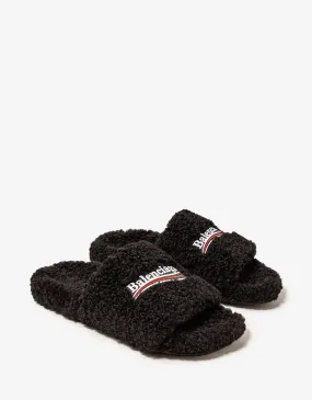 Balenciaga Black Political Logo Furry Slide Sandals