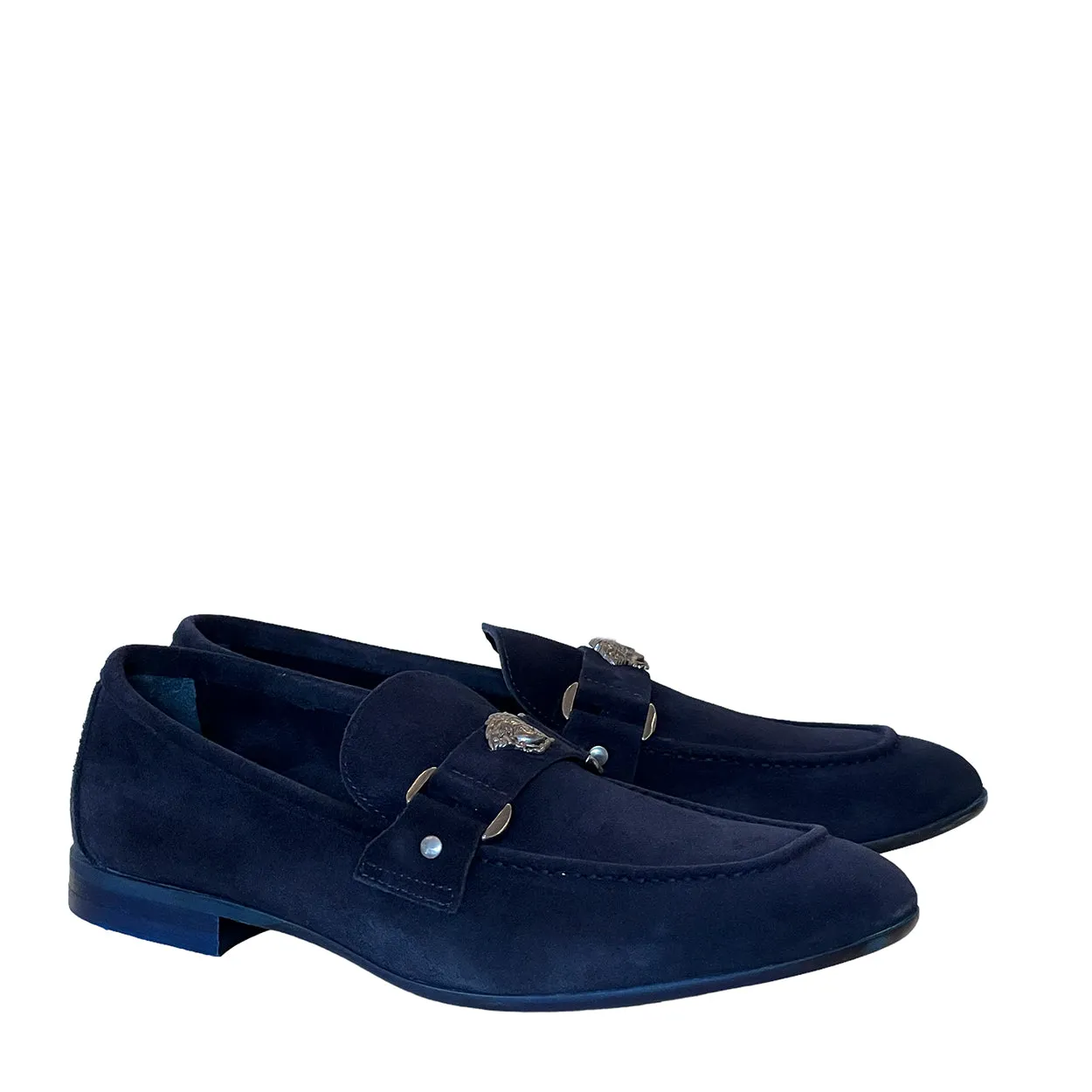 Corrente P000664 5229 Men's Shoes Navy Suede Leather with Medusa Ornament Slip On Loafers (CRT1428)