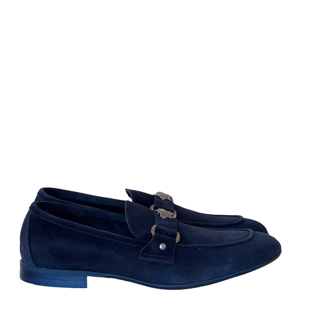 Corrente P000664 5229 Men's Shoes Navy Suede Leather with Medusa Ornament Slip On Loafers (CRT1428)