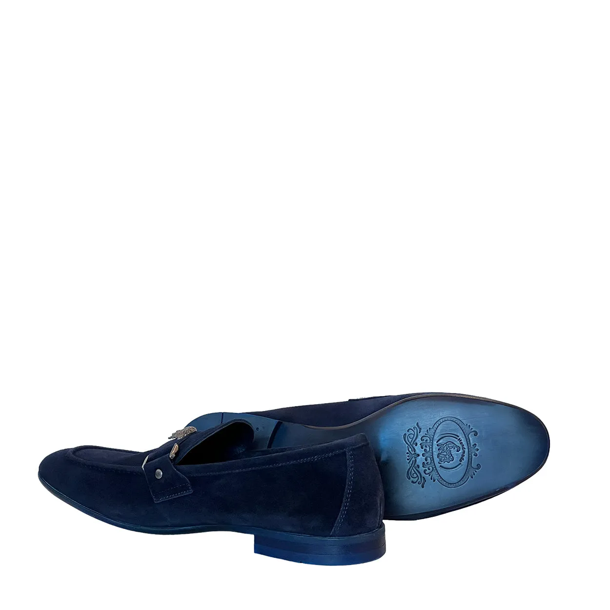 Corrente P000664 5229 Men's Shoes Navy Suede Leather with Medusa Ornament Slip On Loafers (CRT1428)