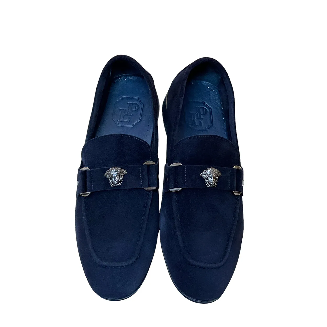 Corrente P000664 5229 Men's Shoes Navy Suede Leather with Medusa Ornament Slip On Loafers (CRT1428)