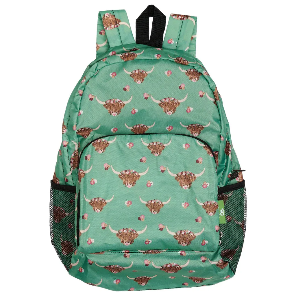 Eco Chic Lightweight Foldable Backpack Green Floral Highland Cow