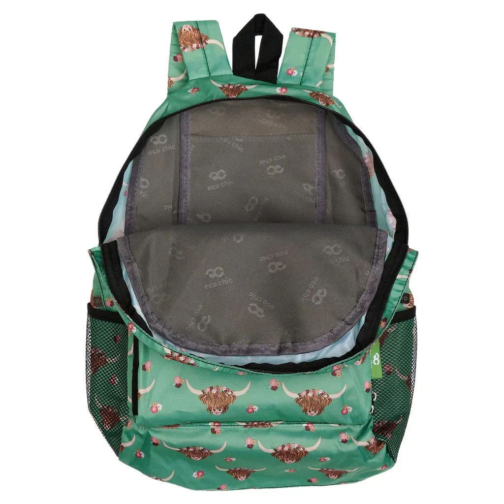 Eco Chic Lightweight Foldable Backpack Green Floral Highland Cow