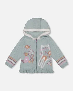 Jacquard Hooded Knit Cardigan Light Turquoise