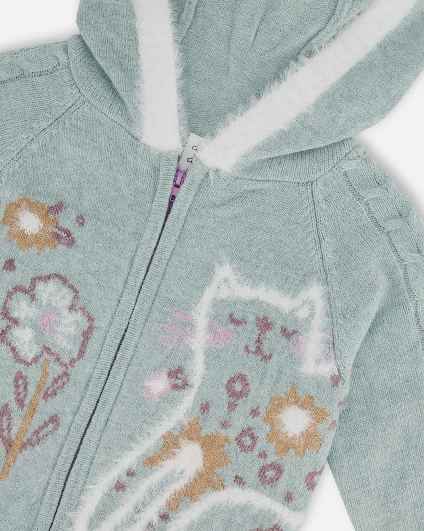 Jacquard Hooded Knit Cardigan Light Turquoise