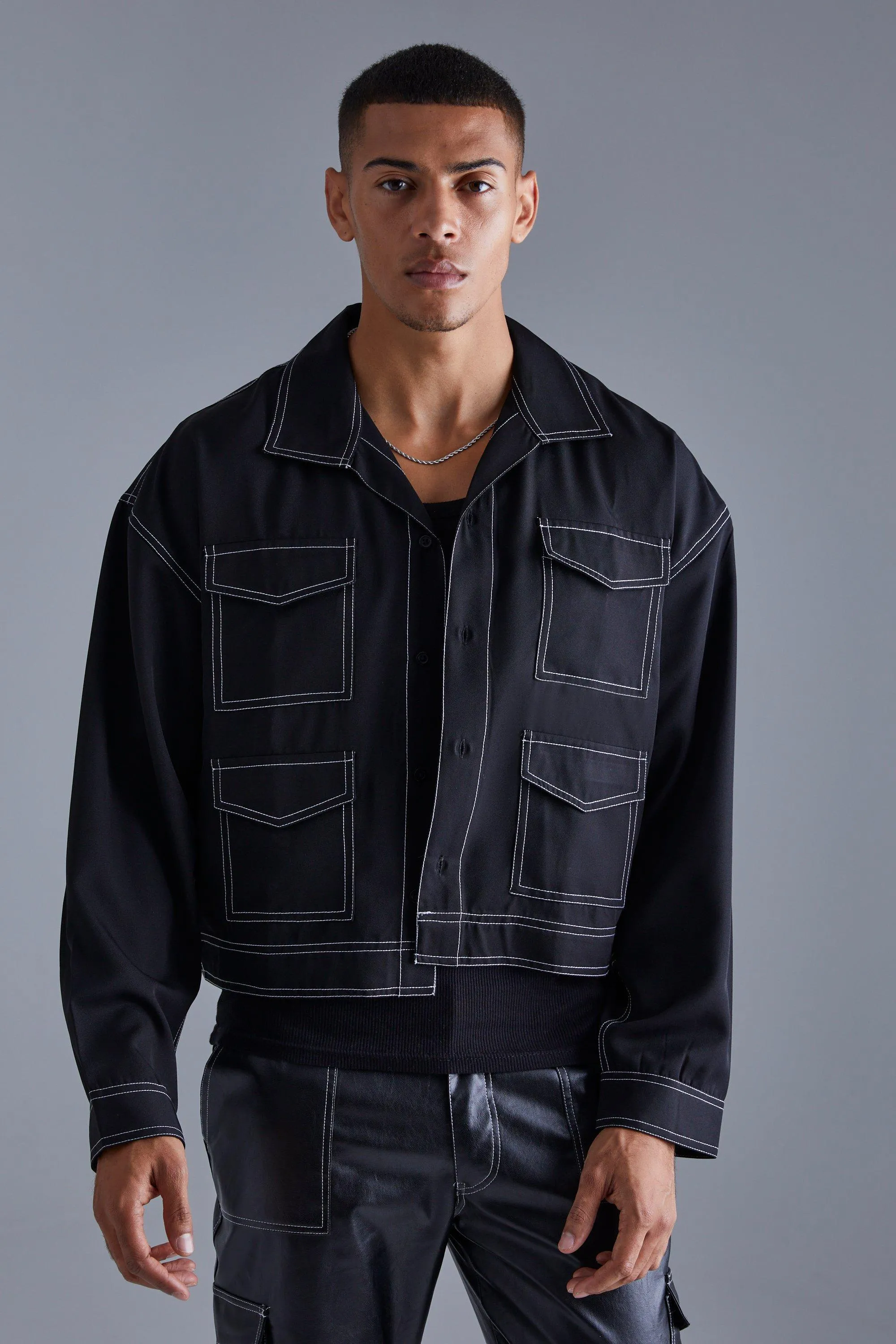 Longsleeve Boxy Contrast Stitch Twill Jacket & Cargo Pants