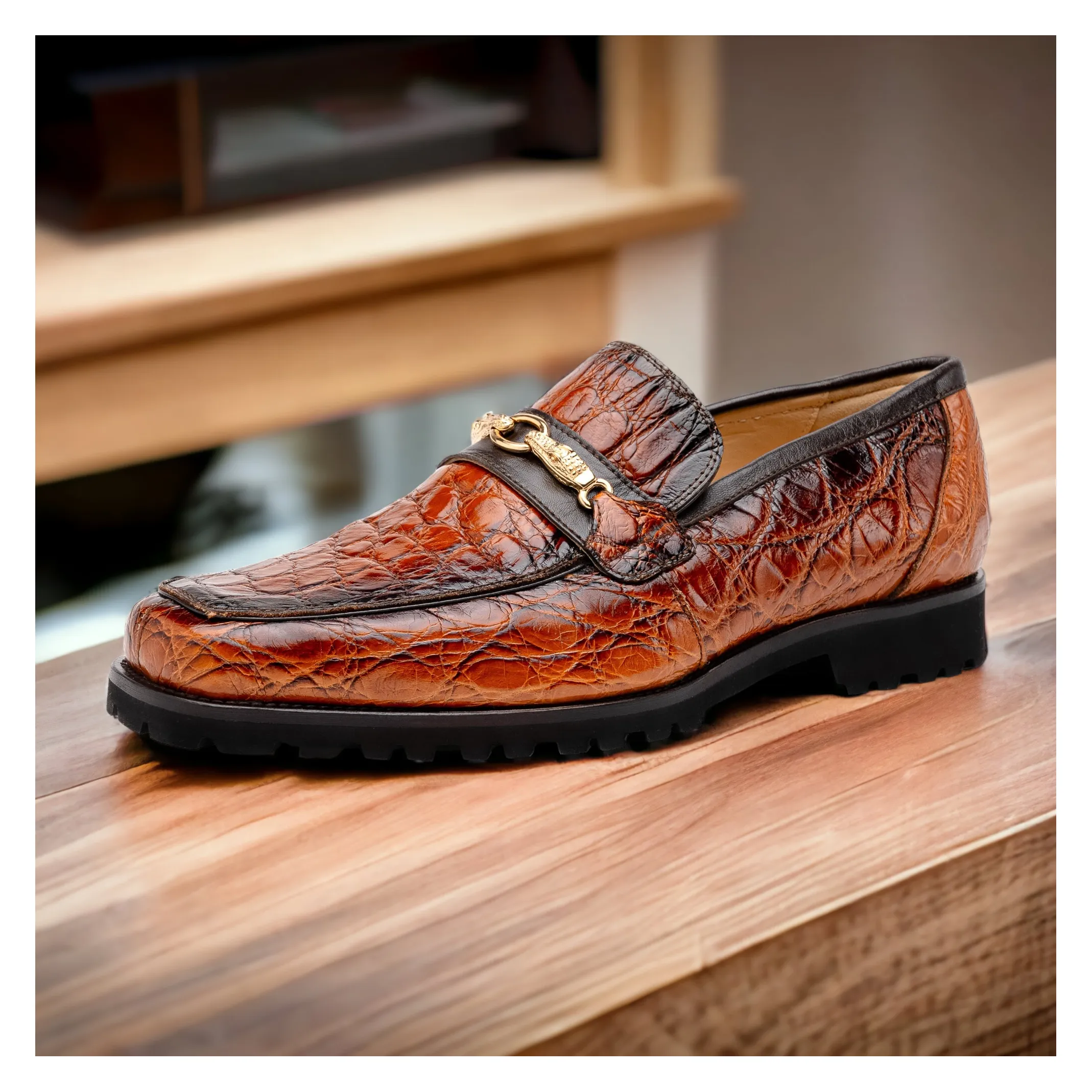 Mauri Debonair 4894-7 Men's Shoes Cognac with Gold Finished Exotic Alligator / Nappa Leather Horsebit Loafers (MA5558)