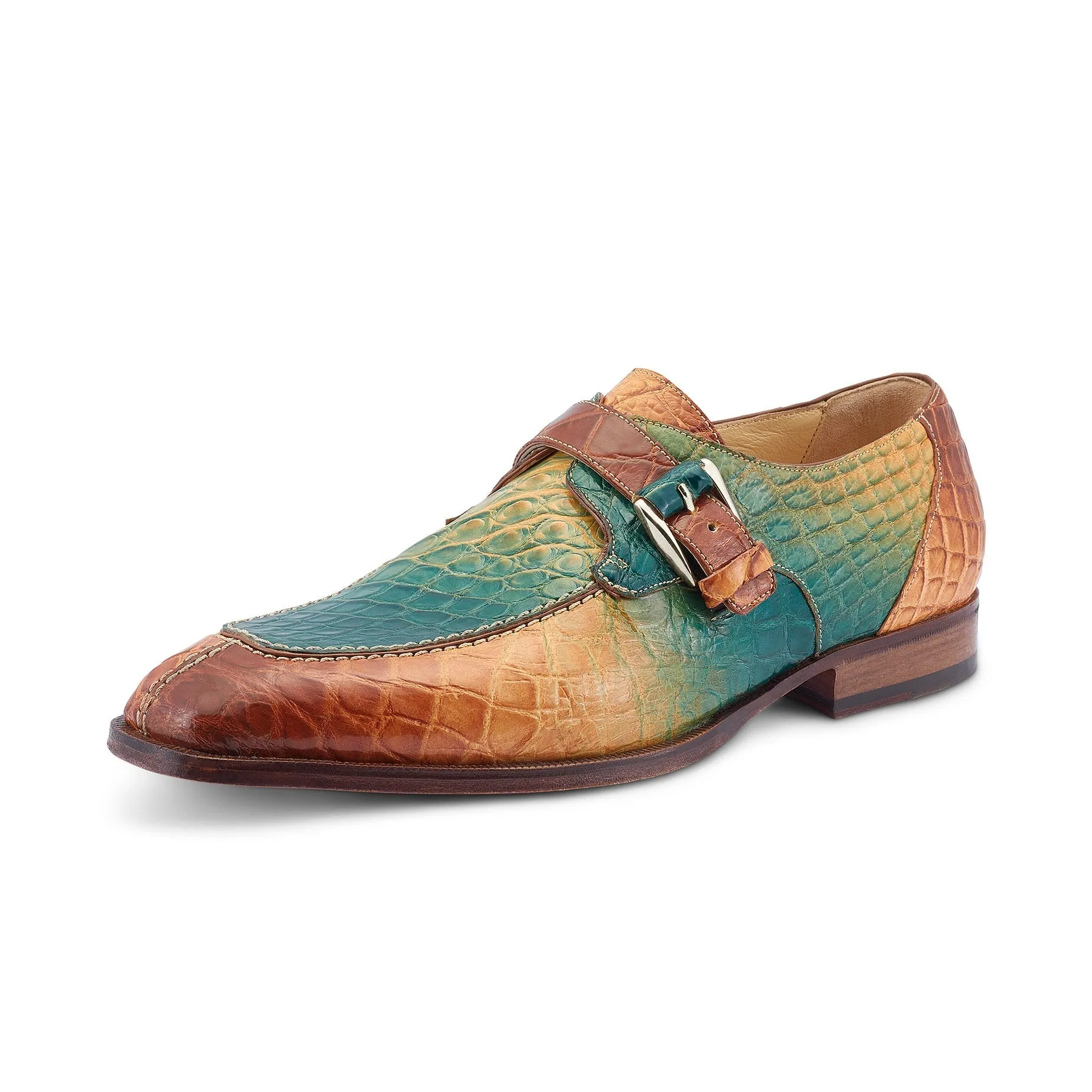 Mauri Minister 3232 Men's Shoes Multi Green & Brown Exotic Alligator Split-Toe Monk-Strap Loafers (MA5533)