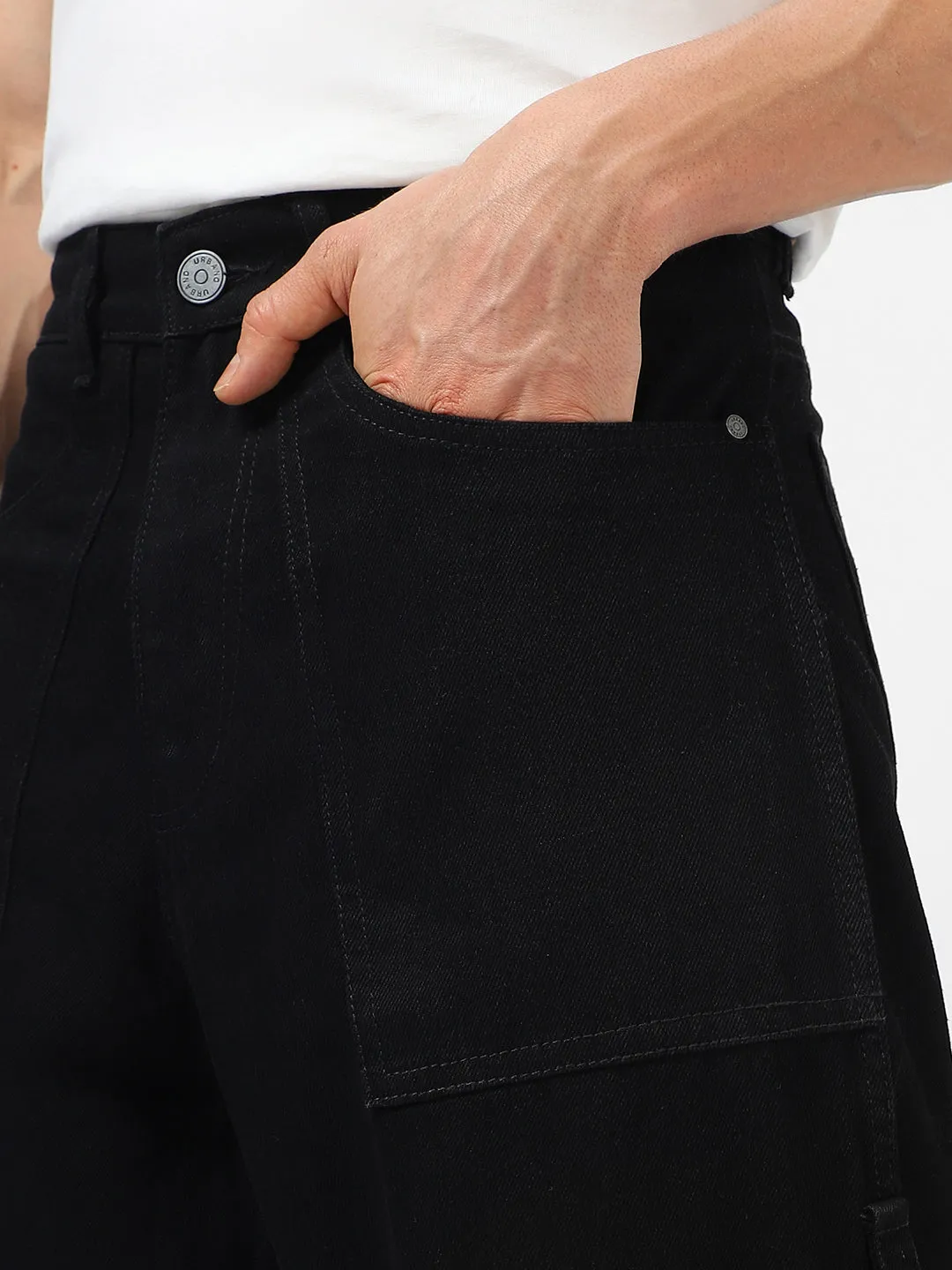 Men's Black Loose Baggy Fit Washed Cargo Jeans With 6 Pockets Non-Stretchable