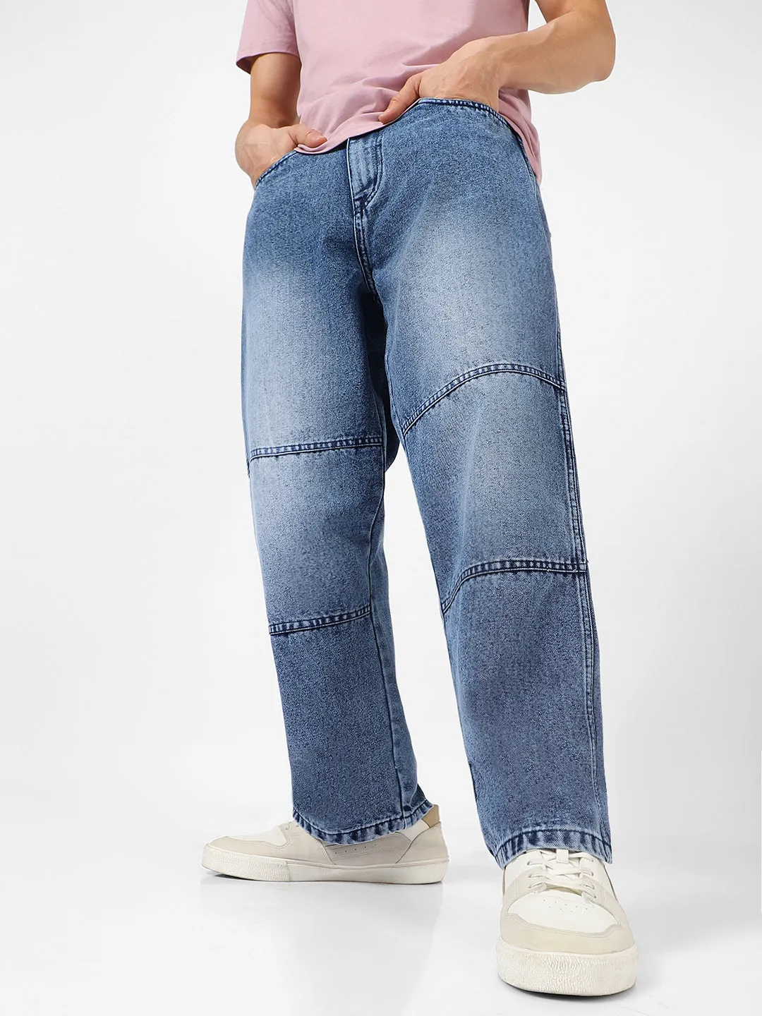 Men's Blue Loose Baggy Fit Cut and Sew Panelled Jeans Non-Stretchable