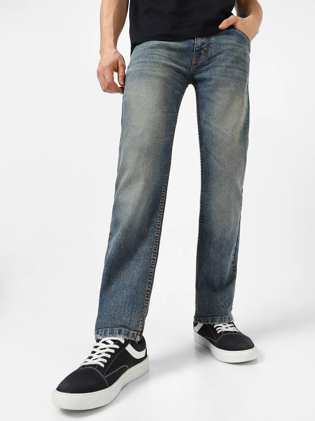 Men's Blue Regular Fit Washed Jeans Stretchable