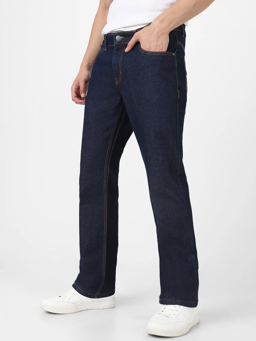 Men's Dark Blue Washed Bootcut Jeans Stretchable