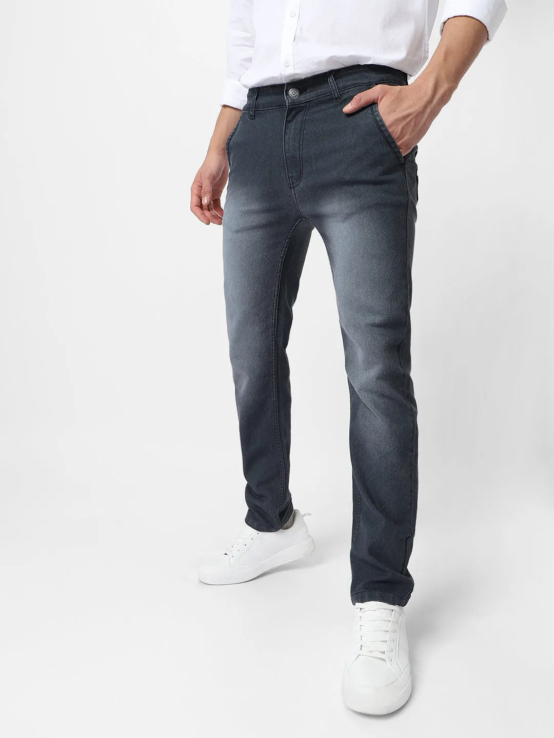 Men's Dark Grey Regular Fit Washed Jeans Stretchable