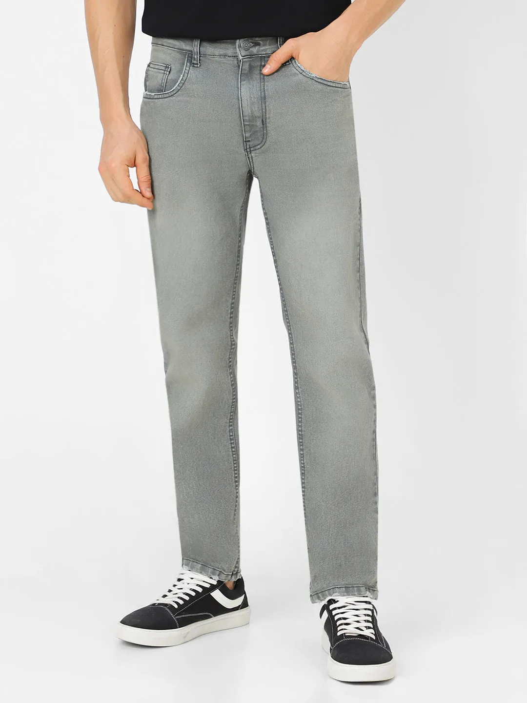 Men's Grey Regular Fit Washed Jeans Stretchable