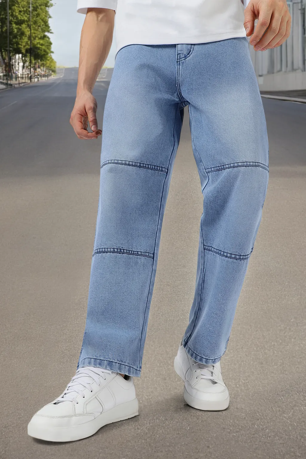 Men's Ice Blue Loose Baggy Fit Cut and Sew Panelled Jeans Non-Stretchable