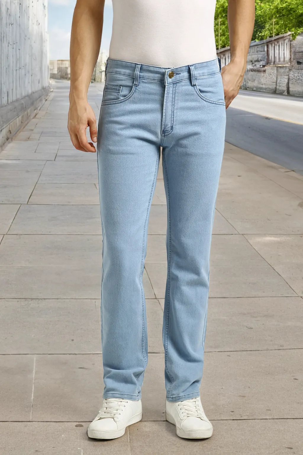 Men's Ice Blue Regular Fit Washed Stretchable Jeans