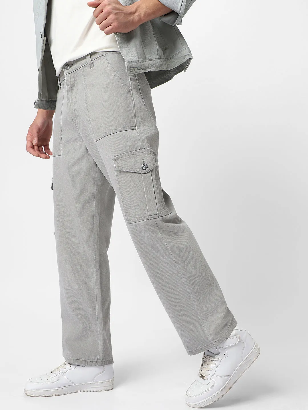 Men's Ice Grey Loose Baggy Fit Cargo Jeans with 6 Pockets Non-Stretchable