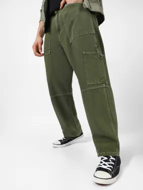 Men's Olive Green Loose Baggy Fit Washed Cargo Jeans With 6 Pockets Non-Stretchable