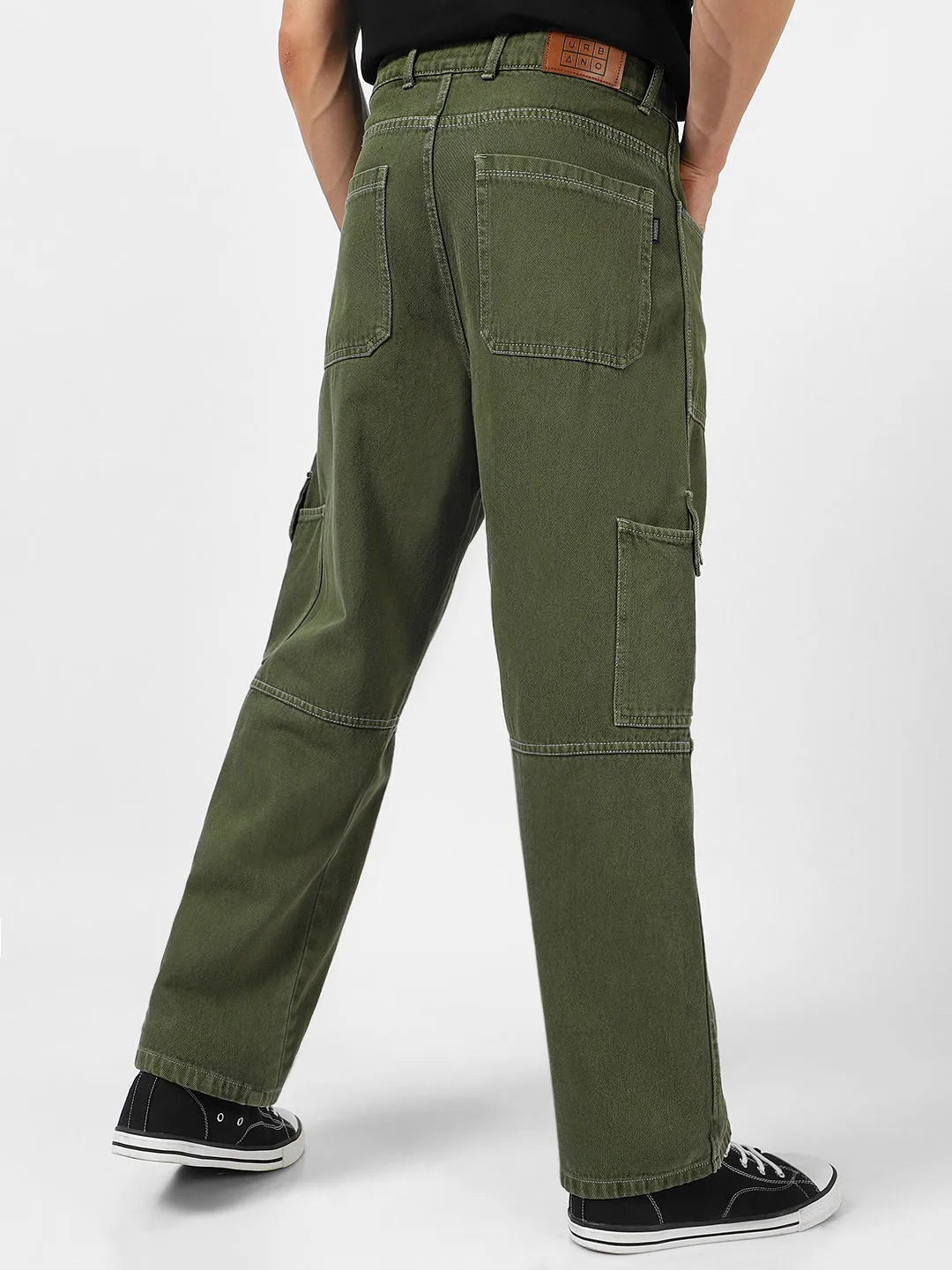 Men's Olive Green Loose Baggy Fit Washed Cargo Jeans With 6 Pockets Non-Stretchable