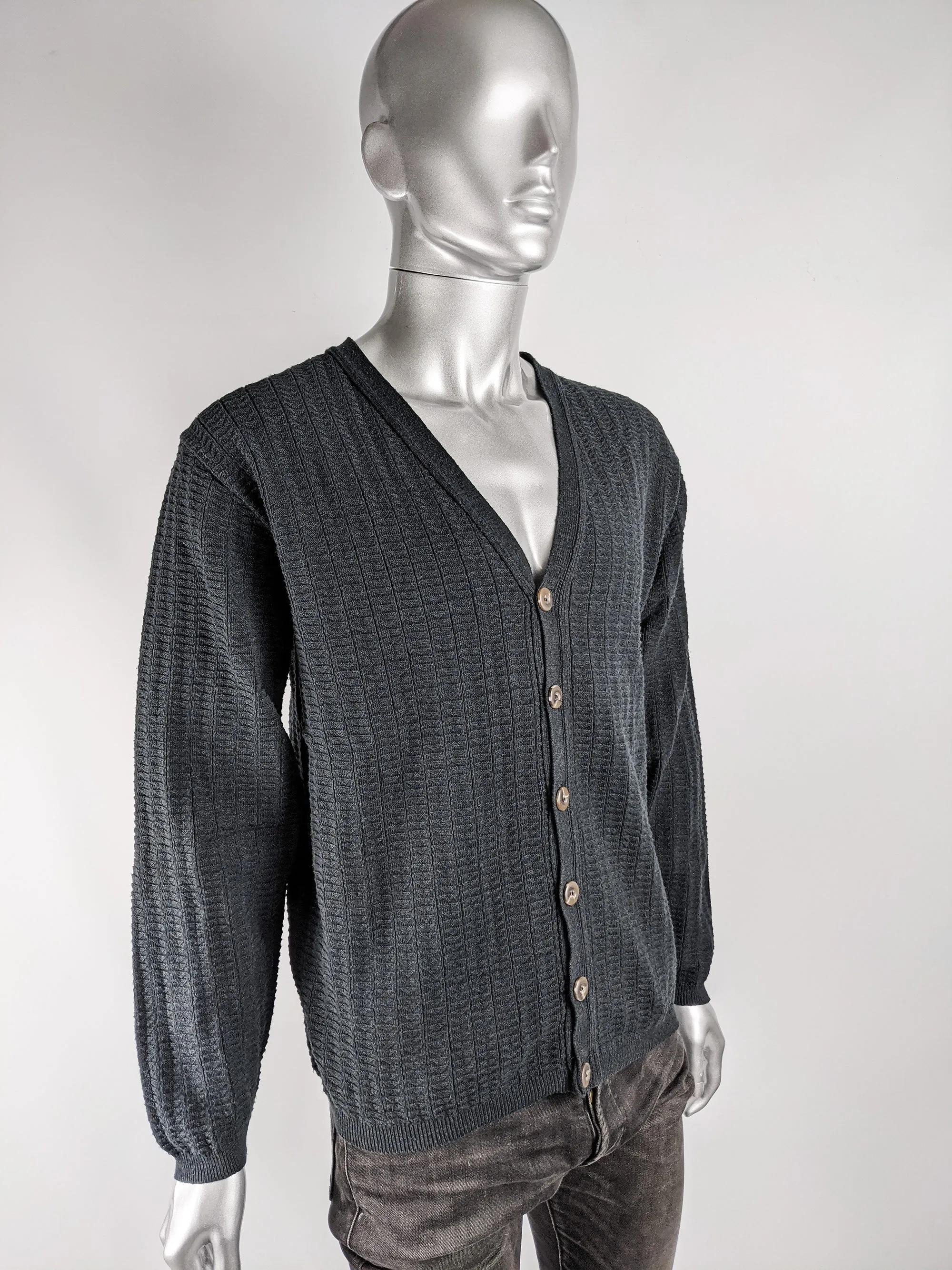 Mens Vintage Textured Knit Slouchy Cardigan, 1980s