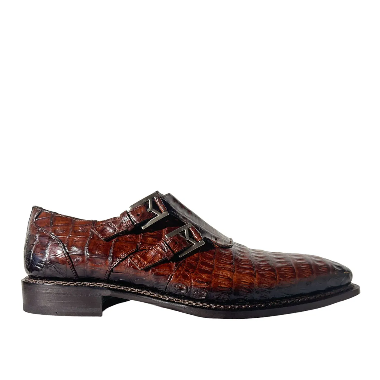 Mezlan 4990-F Men's Shoes Sport Brown Exotic Crocodile-Skin Double Monk-Straps Loafers (MZ3671)