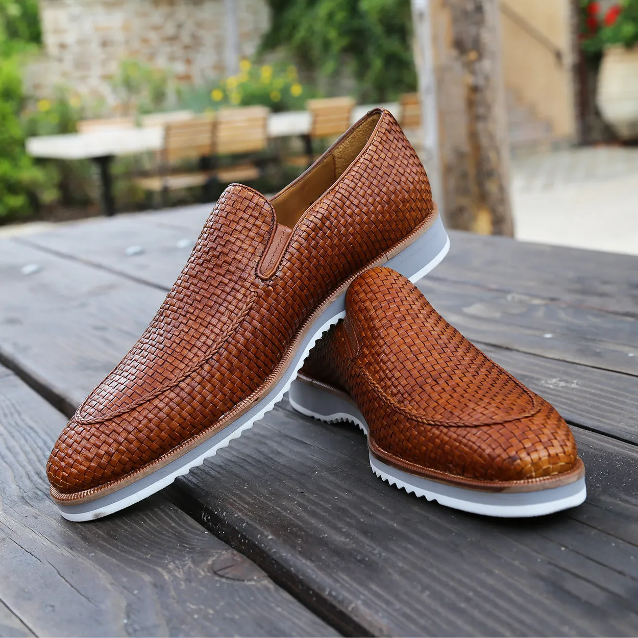 Mezlan R20658 Men's Shoes Cognac Woven Leather Hybrid Loafers (MZS3619)