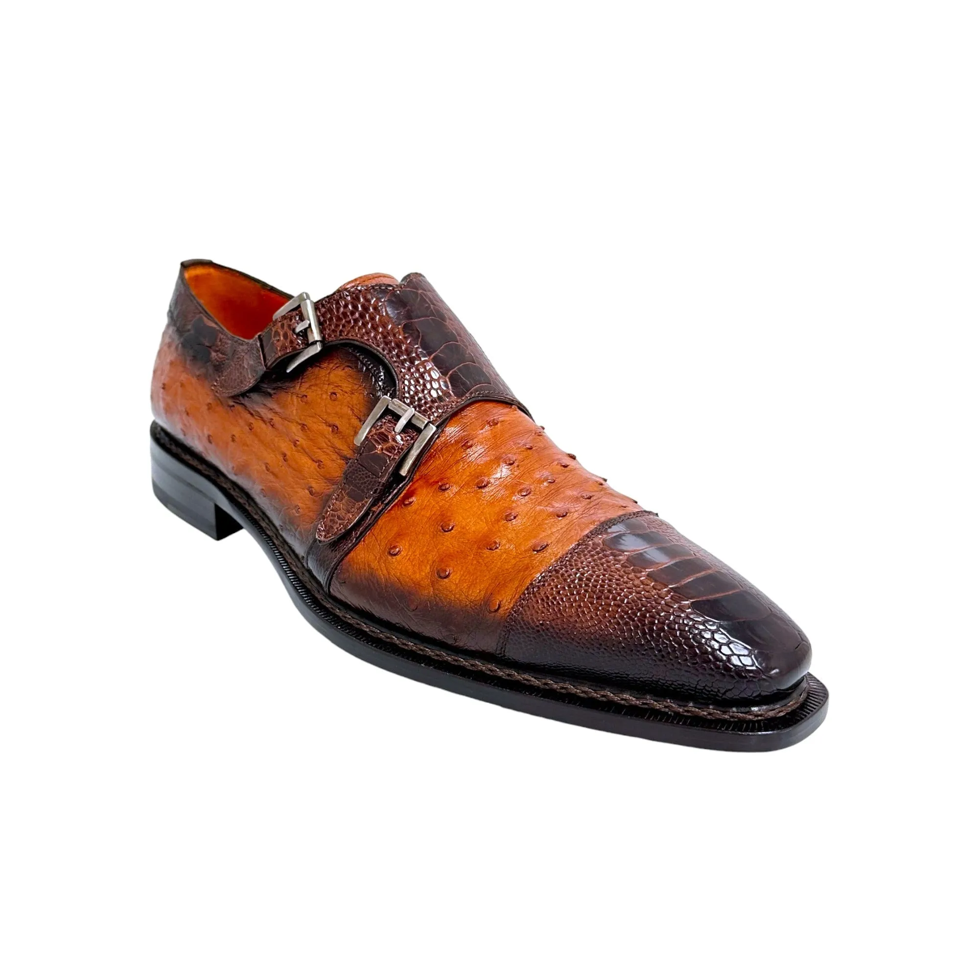 Mezlan SX4957-SP Men's Shoes Brown & Brandy Exotic Ostrich / Lizard Double Monk-Straps Loafers (MZ3679)