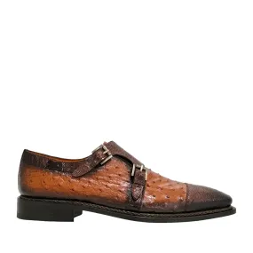 Mezlan SX4957-SP Men's Shoes Brown & Brandy Exotic Ostrich / Lizard Double Monk-Straps Loafers (MZ3679)