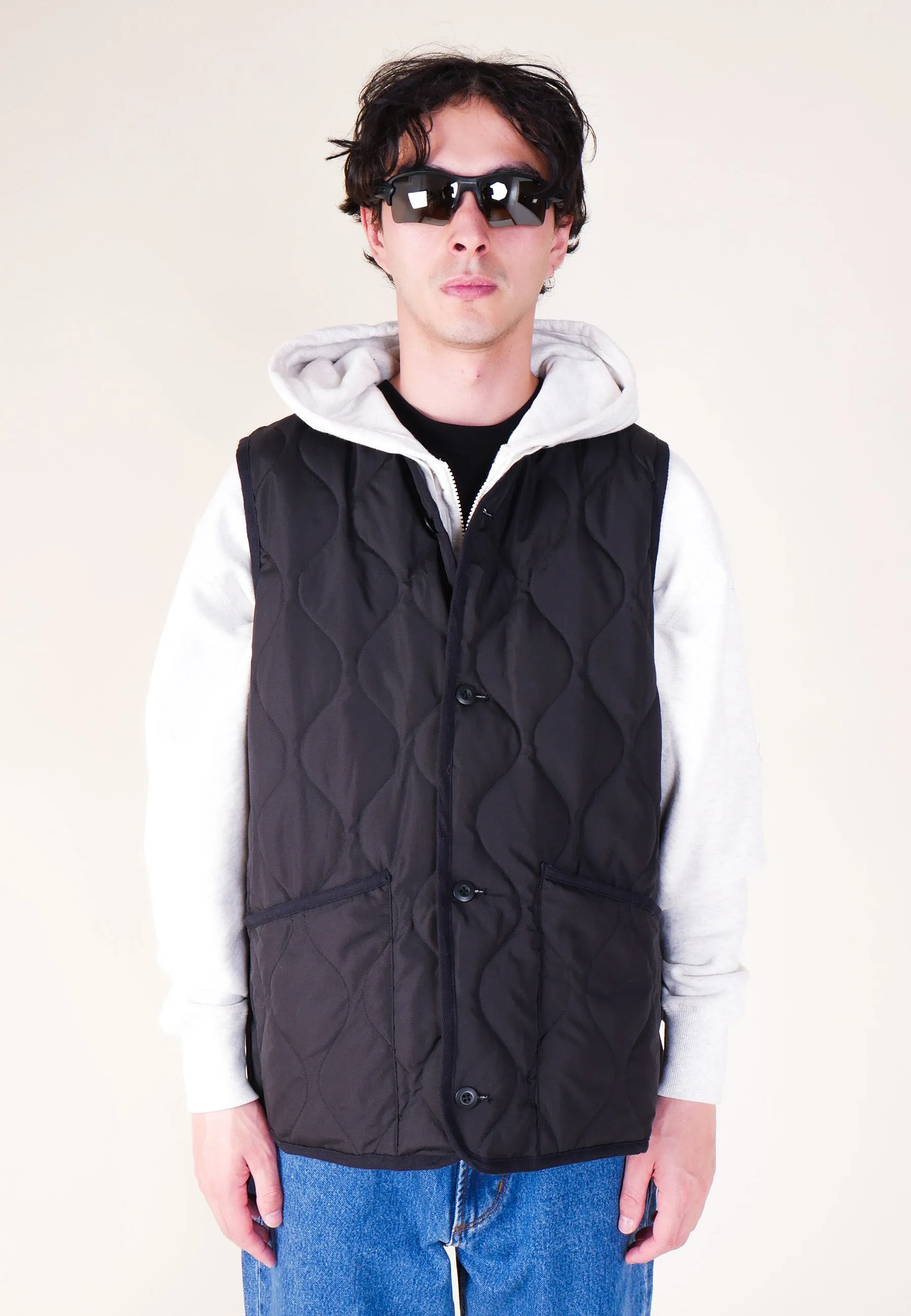 Military Button V Neck Down Vest - Black