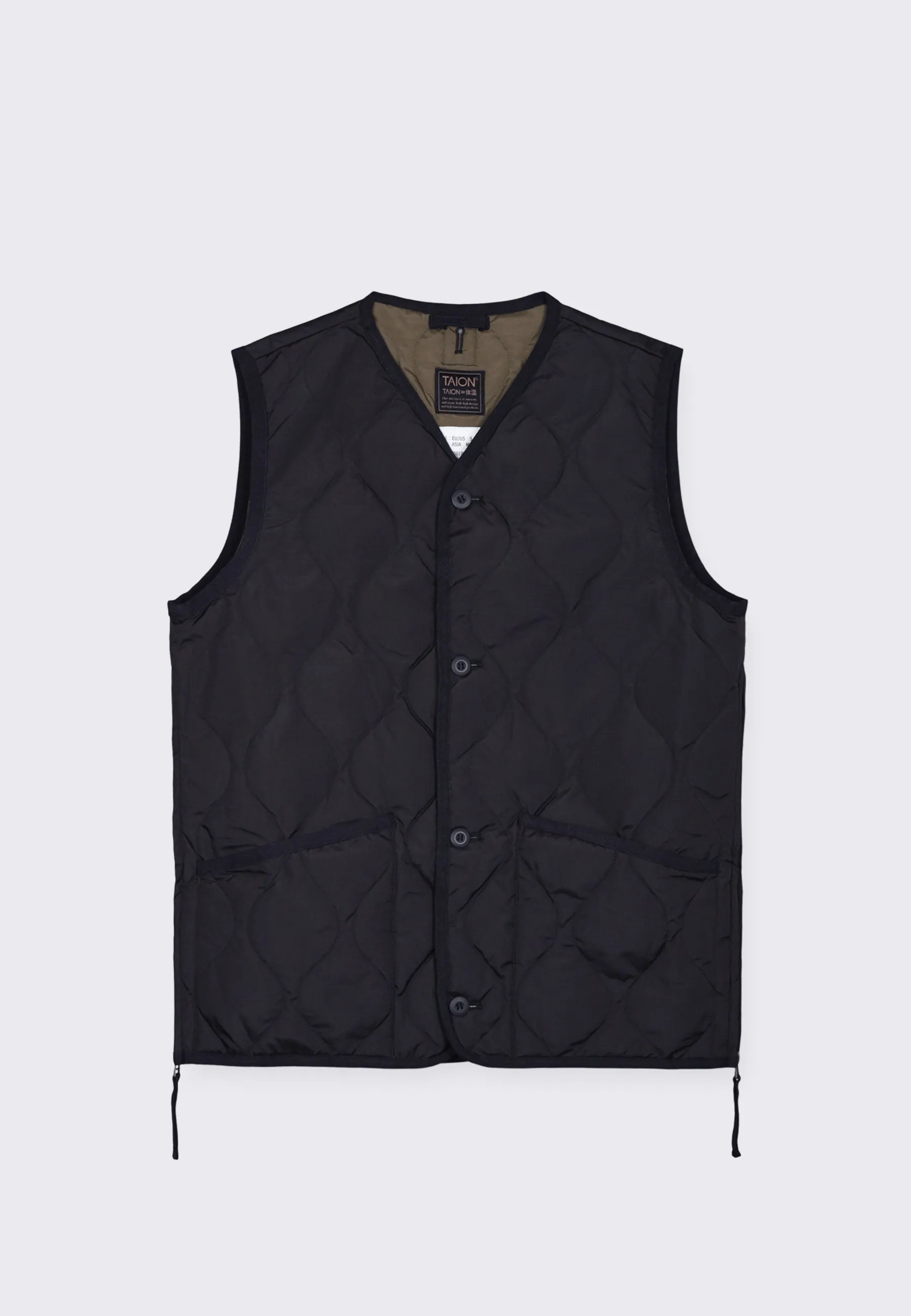 Military Button V Neck Down Vest - Black