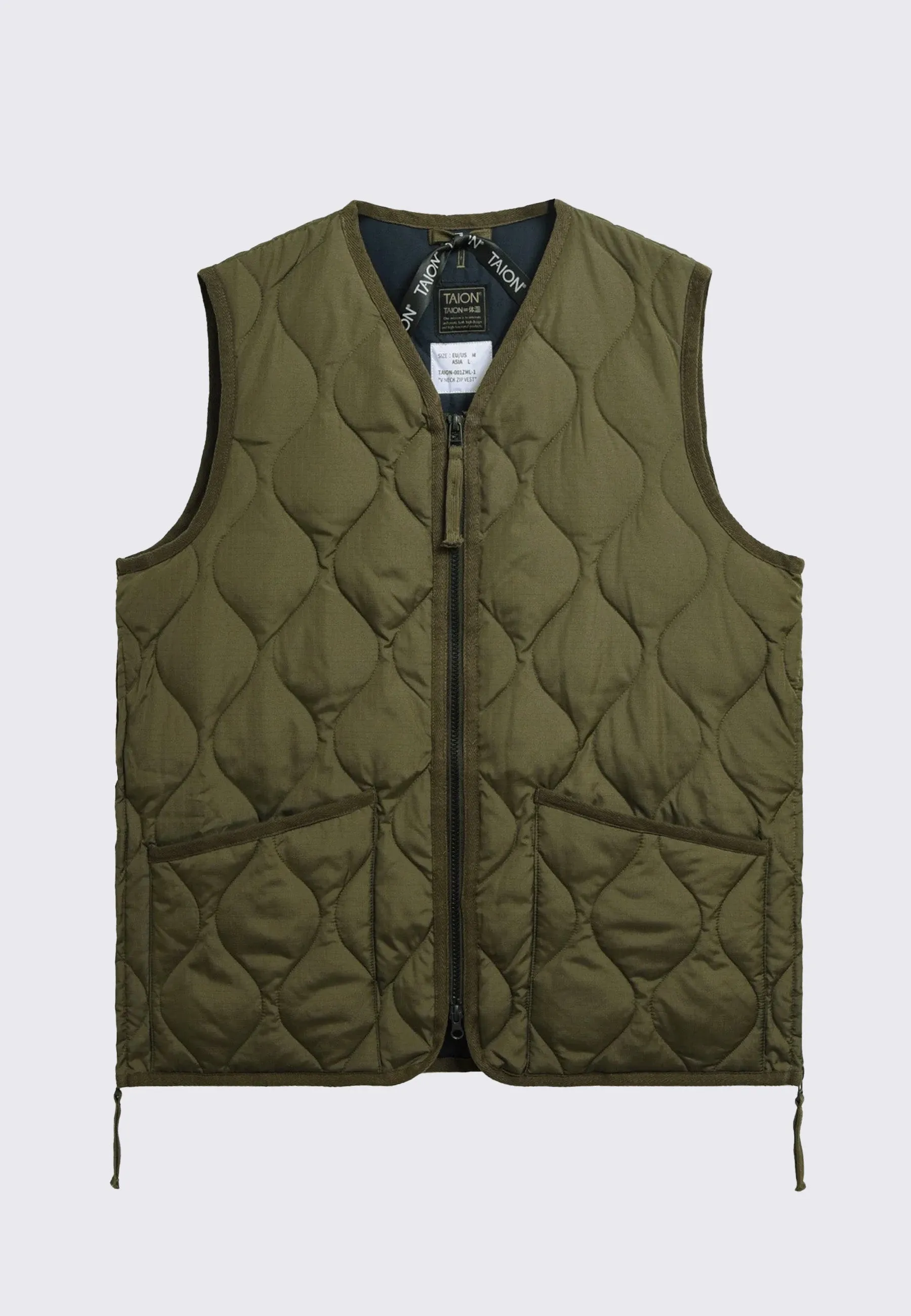 Military Zip V Neck Down Vest - Dark Olive