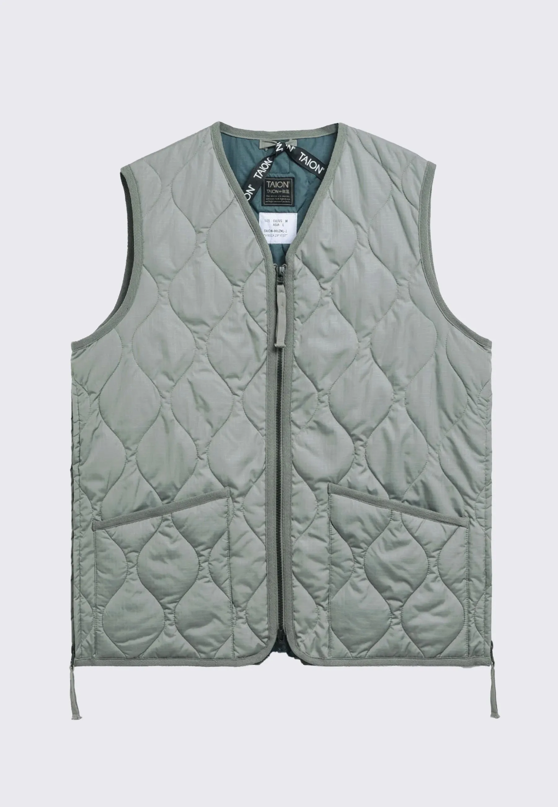 Military Zip V Neck Down Vest - Dark Sage Green