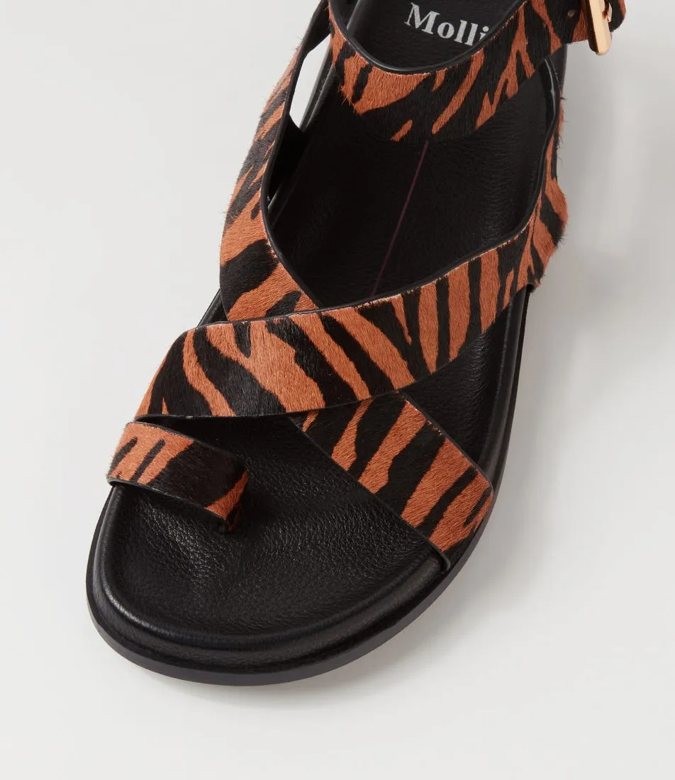 MOLLINI Huiro Black Tan Zebra Pony Sandals