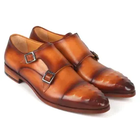 Paul Parkman 047-CML Men's Shoes Light Brown Calf-Skin Leather Studded Cap Toe Monkstraps Loafers (PM6369)