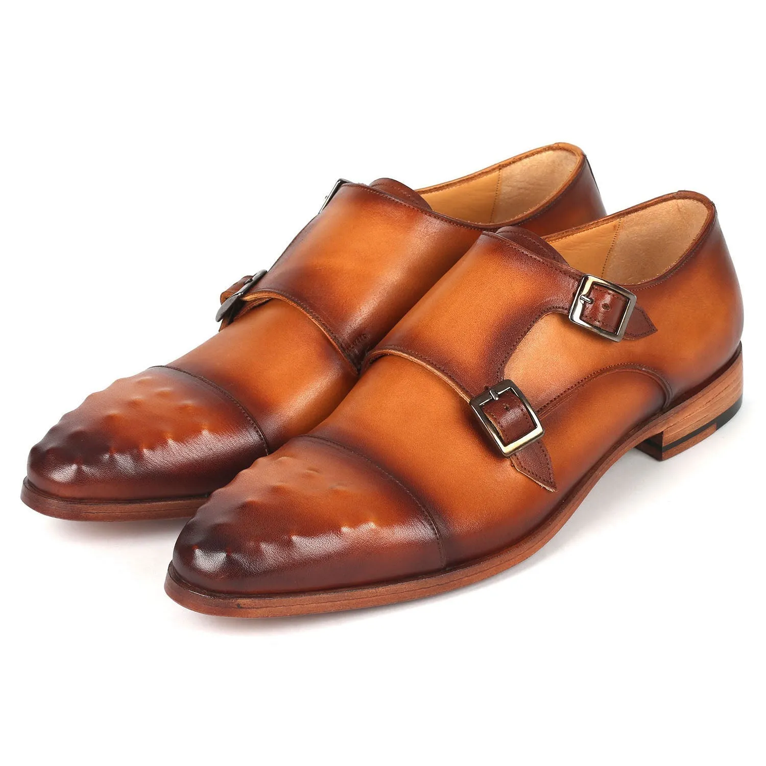 Paul Parkman 047-CML Men's Shoes Light Brown Calf-Skin Leather Studded Cap Toe Monkstraps Loafers (PM6369)