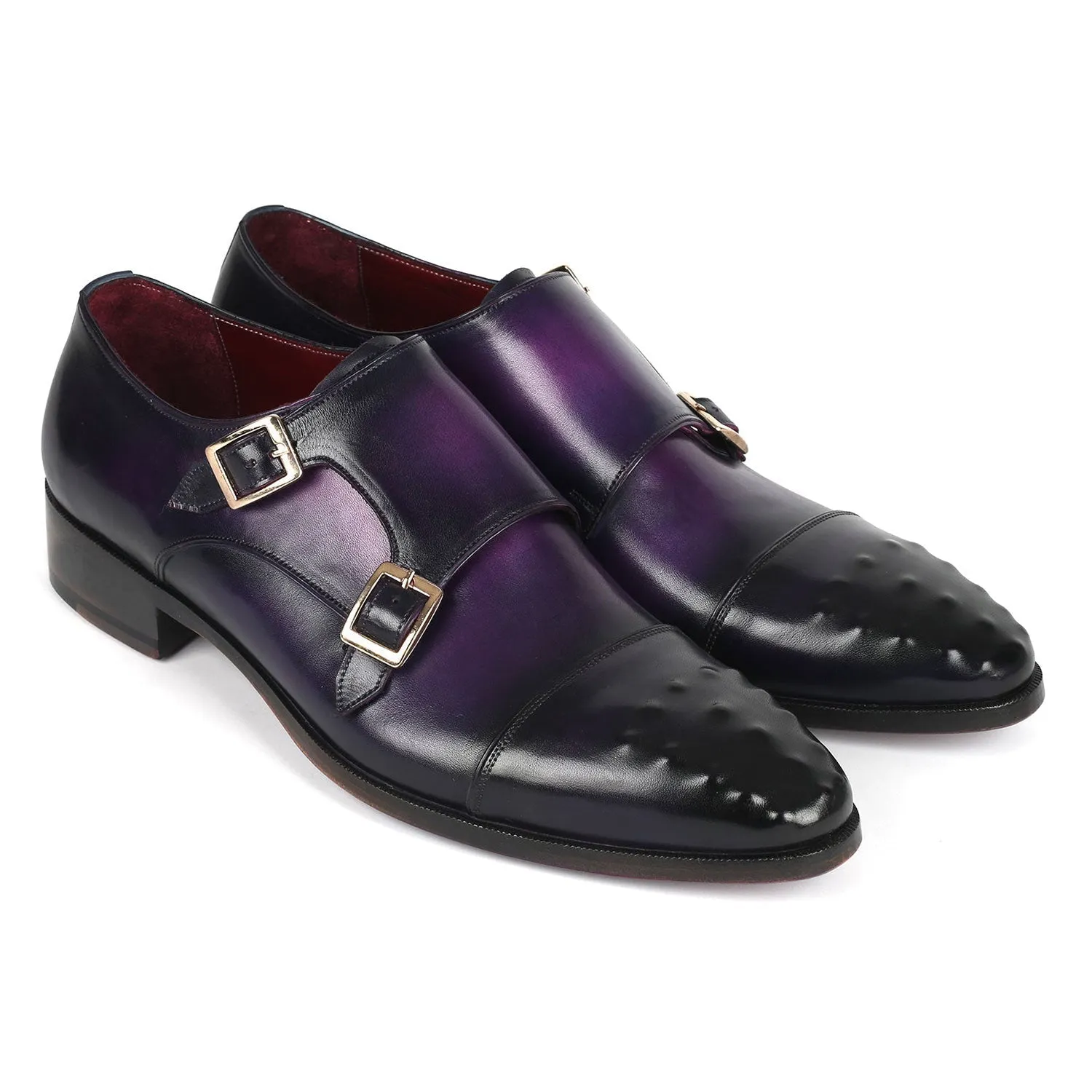 Paul Parkman 047-PRP Men's Shoes Purple Calf-Skin Leather Studded Cap Toe Monkstraps Loafers (PM6378)