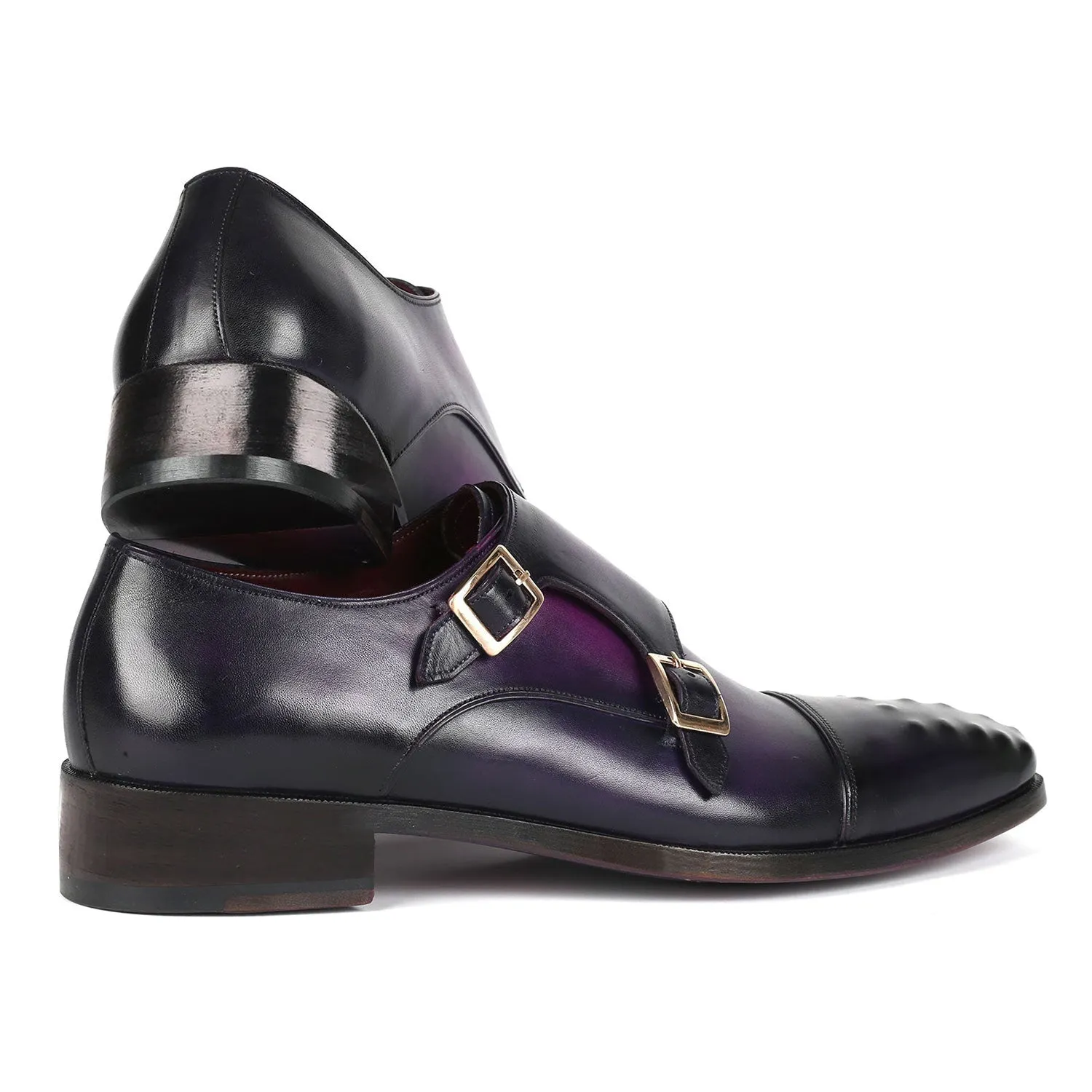 Paul Parkman 047-PRP Men's Shoes Purple Calf-Skin Leather Studded Cap Toe Monkstraps Loafers (PM6378)