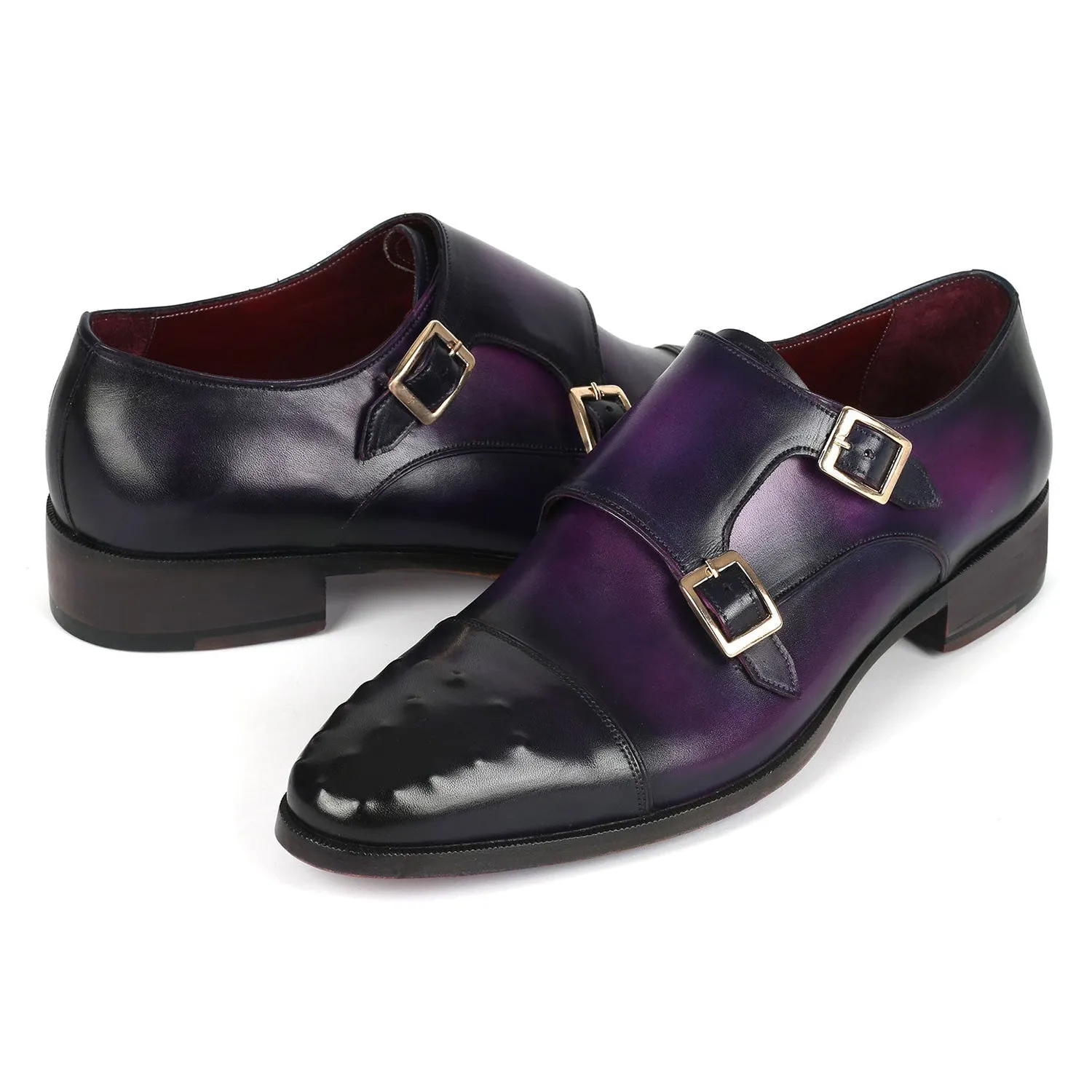 Paul Parkman 047-PRP Men's Shoes Purple Calf-Skin Leather Studded Cap Toe Monkstraps Loafers (PM6378)