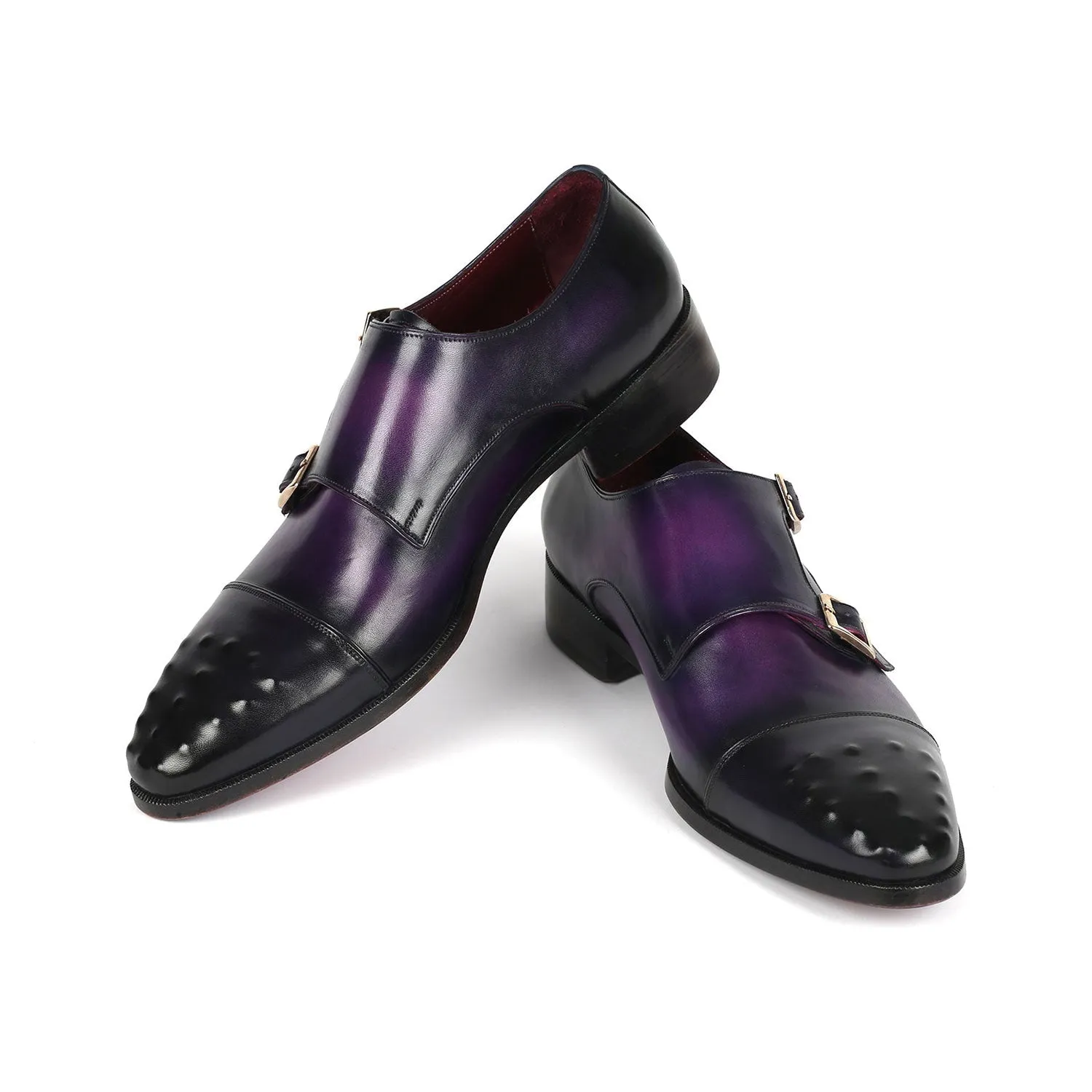 Paul Parkman 047-PRP Men's Shoes Purple Calf-Skin Leather Studded Cap Toe Monkstraps Loafers (PM6378)