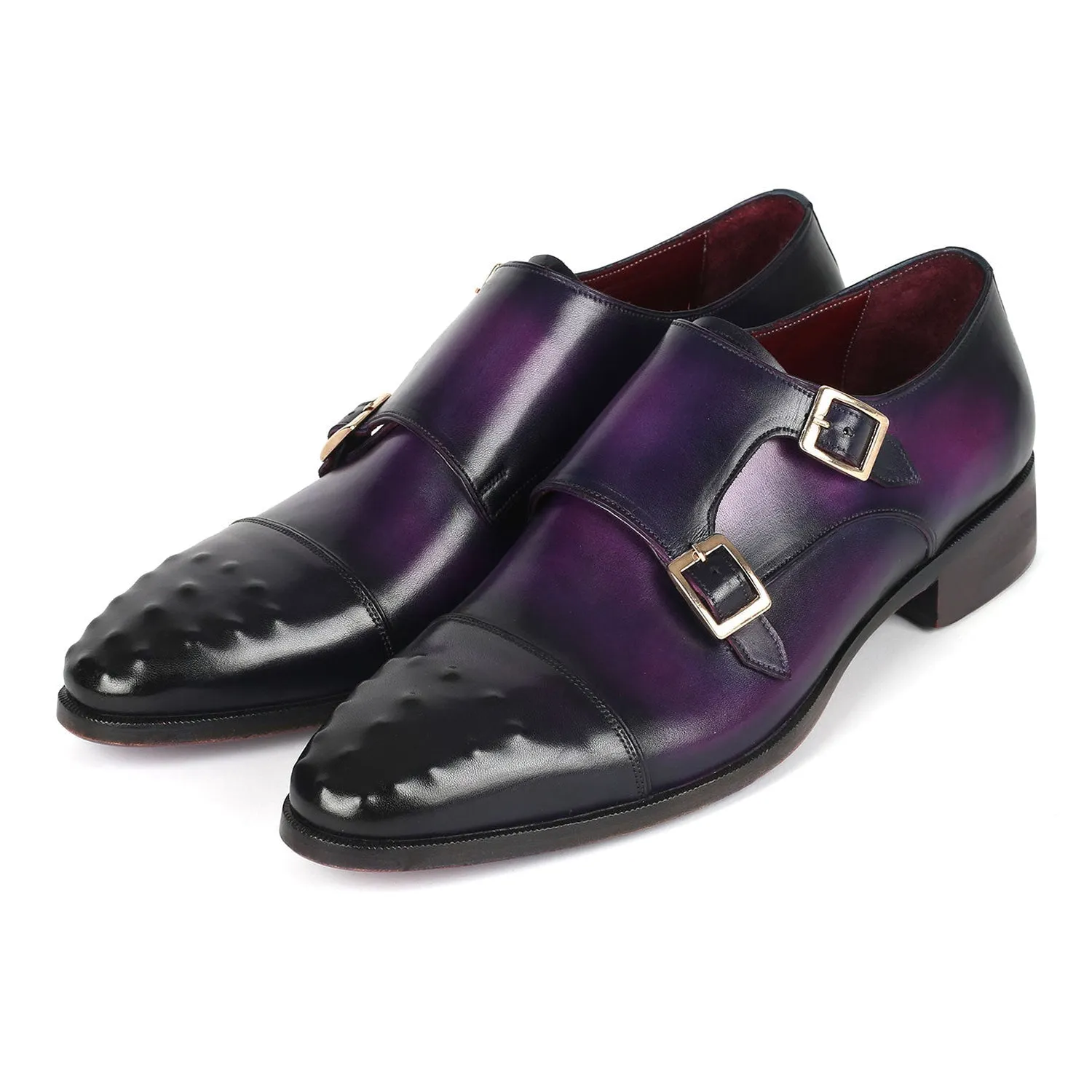 Paul Parkman 047-PRP Men's Shoes Purple Calf-Skin Leather Studded Cap Toe Monkstraps Loafers (PM6378)