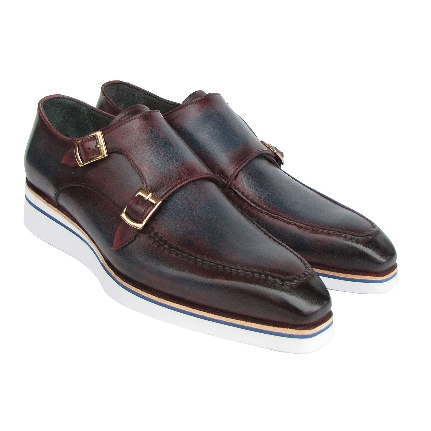 Paul Parkman 189-BLU-BRD Men's Shoes Blue & Bordeaux Calf Skin Leather Monk-Straps Loafers (PM6398)