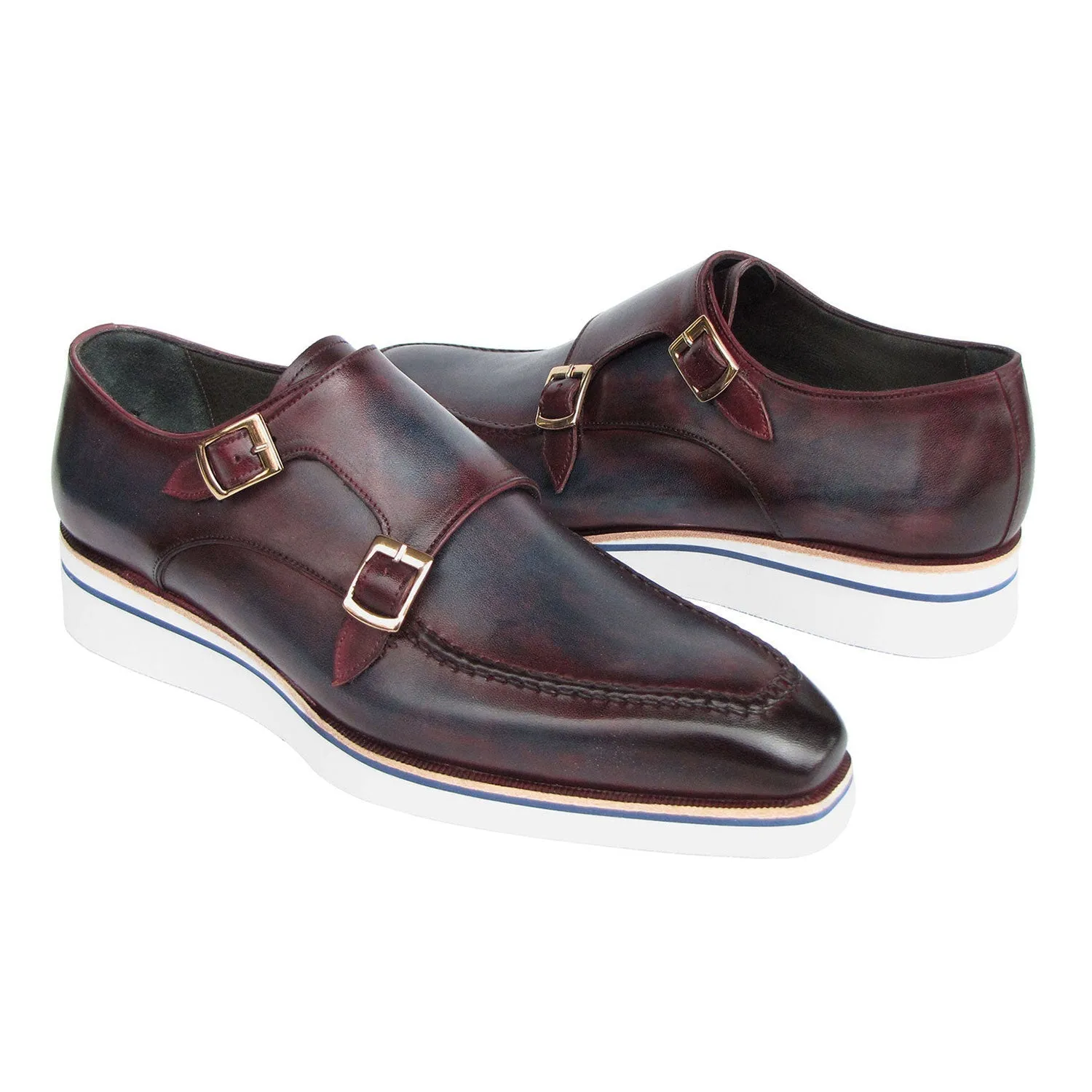 Paul Parkman 189-BLU-BRD Men's Shoes Blue & Bordeaux Calf Skin Leather Monk-Straps Loafers (PM6398)