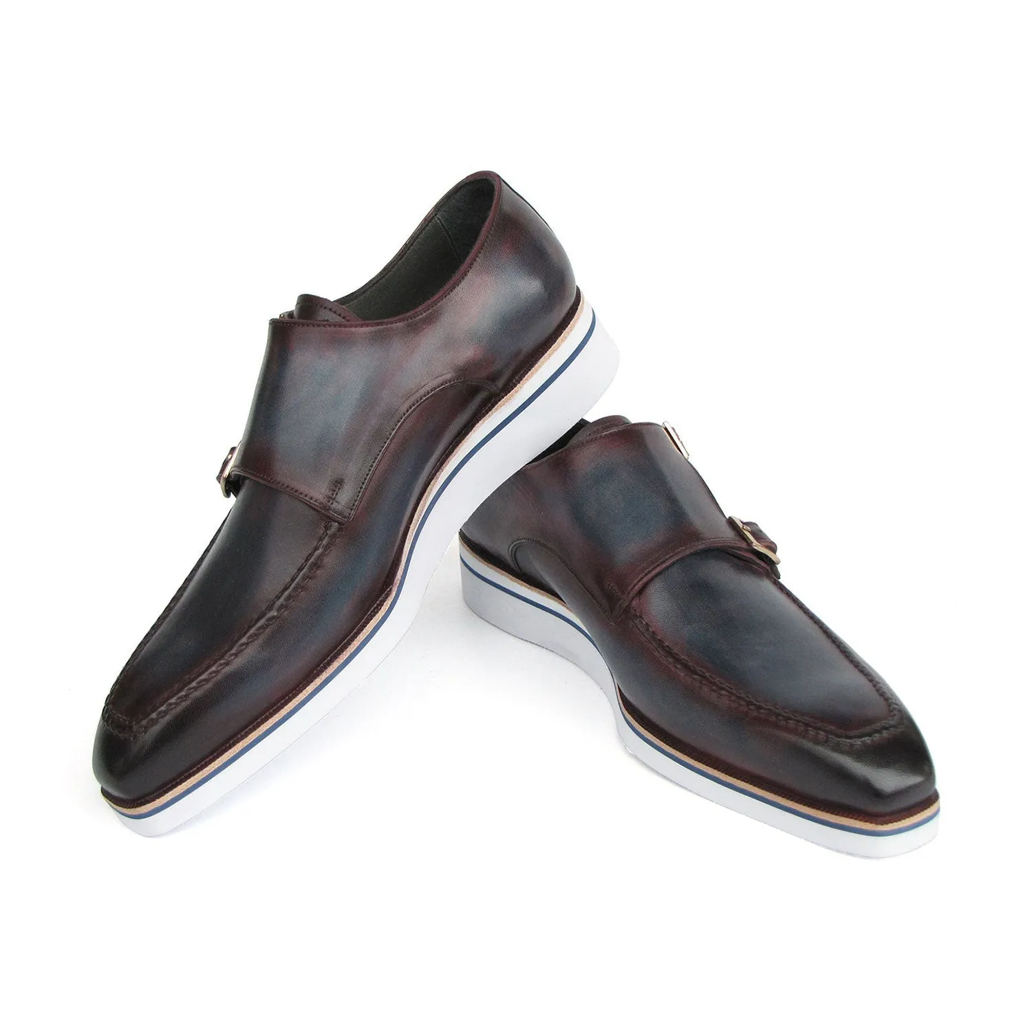 Paul Parkman 189-BLU-BRD Men's Shoes Blue & Bordeaux Calf Skin Leather Monk-Straps Loafers (PM6398)