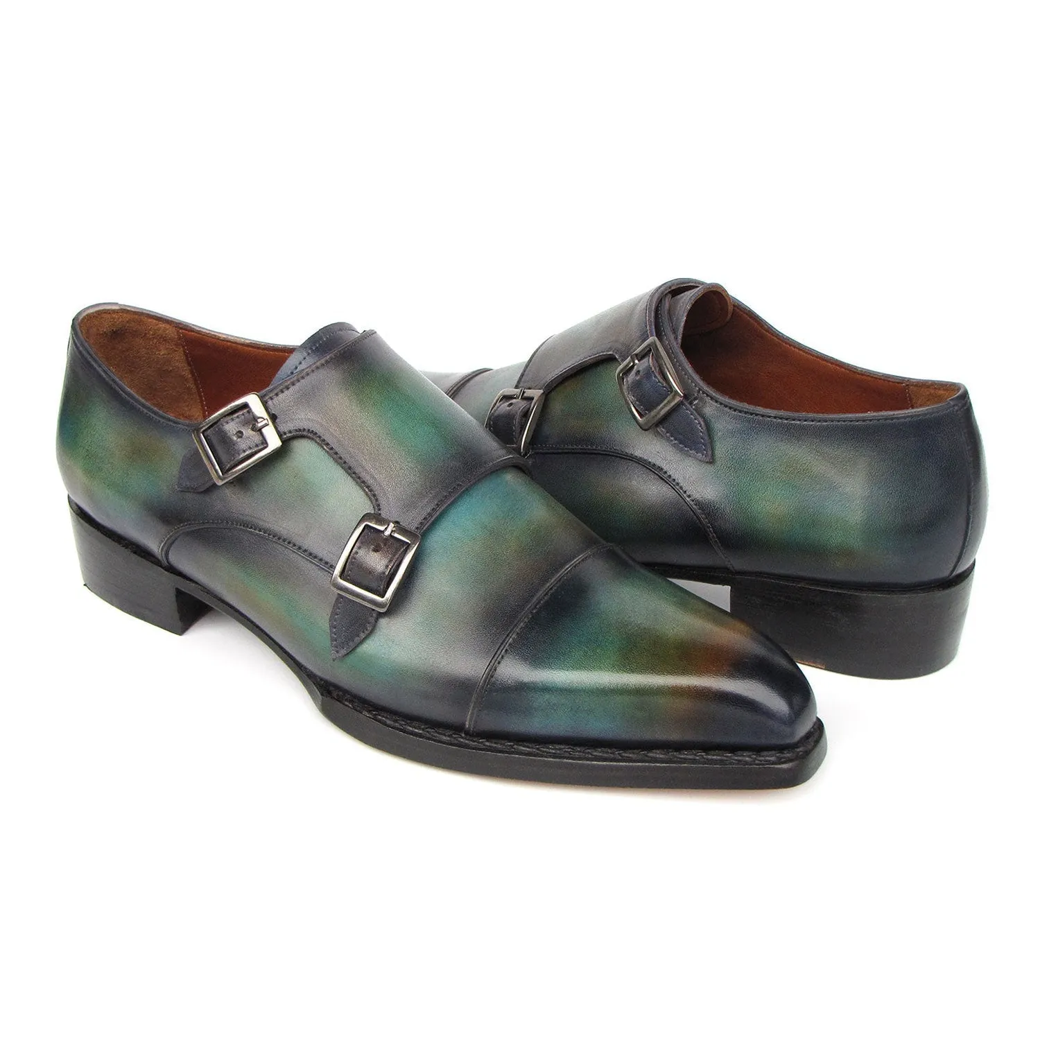 Paul Parkman 2598-5BG Men's Shoes Green & Blue Hand-Painted Leather Cap Toe Double Monkstraps Loafers (PM6395)