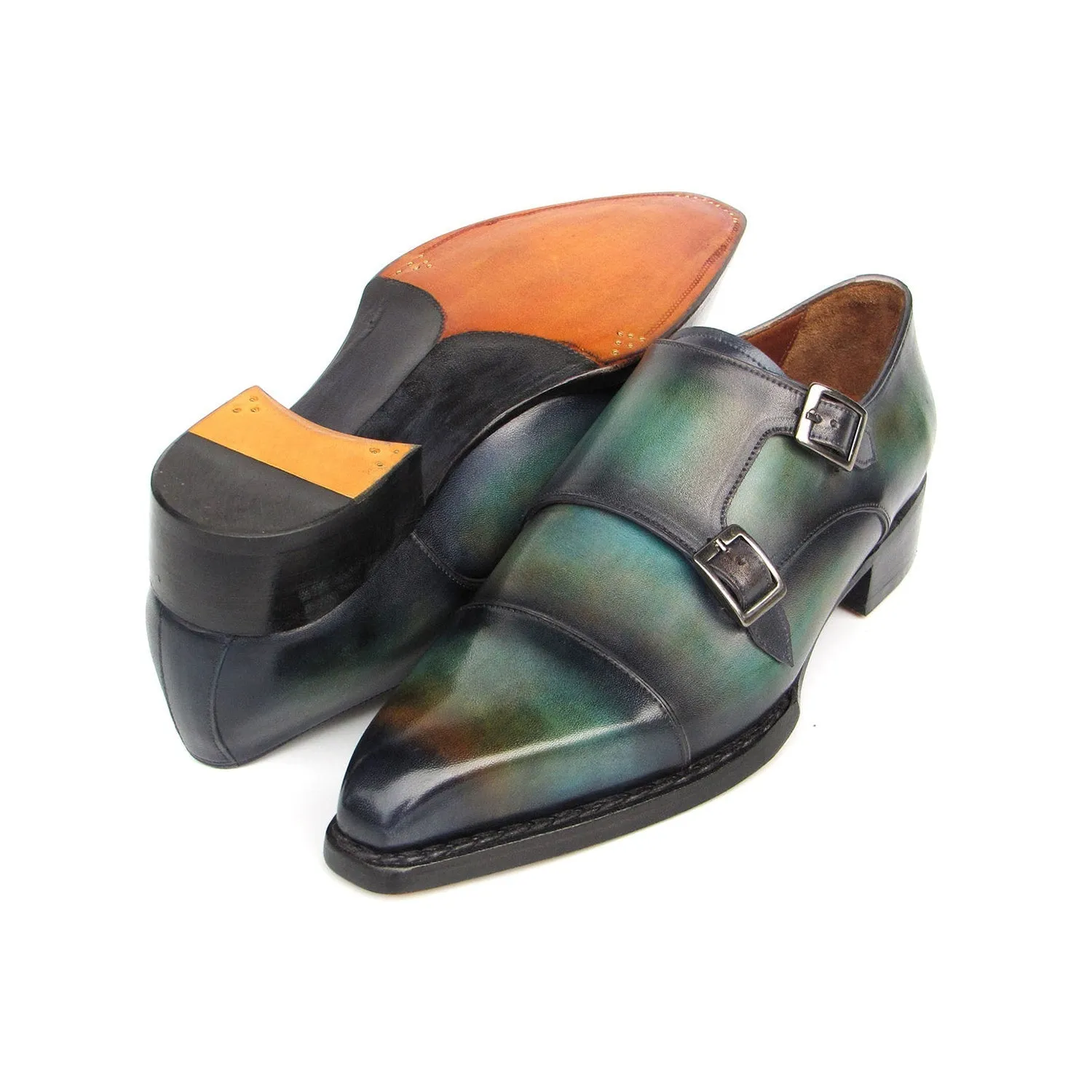 Paul Parkman 2598-5BG Men's Shoes Green & Blue Hand-Painted Leather Cap Toe Double Monkstraps Loafers (PM6395)