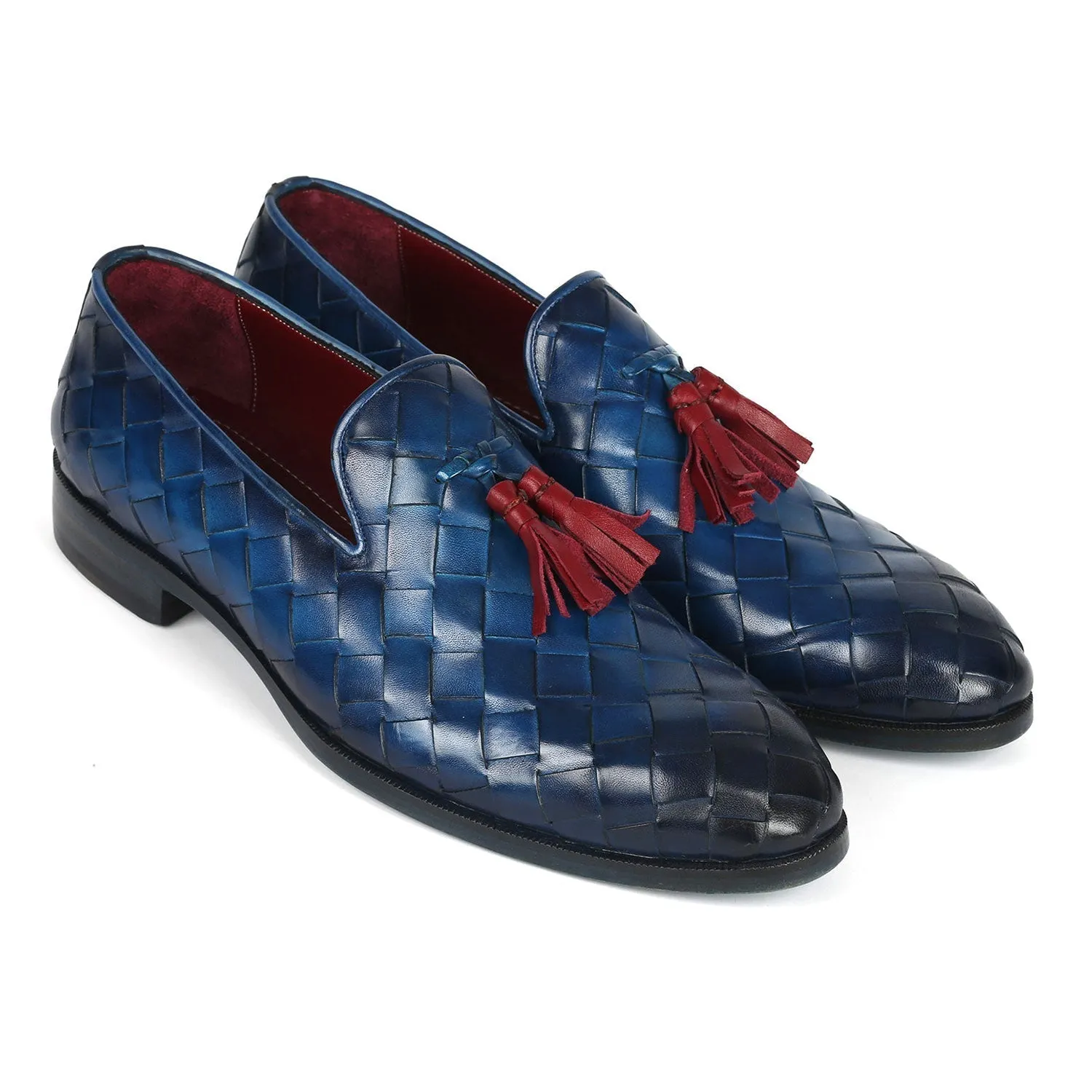 Paul Parkman 6623-BLU Men's Shoes Blue Big Braided Woven Leather Tassel Loafers (PM6377)