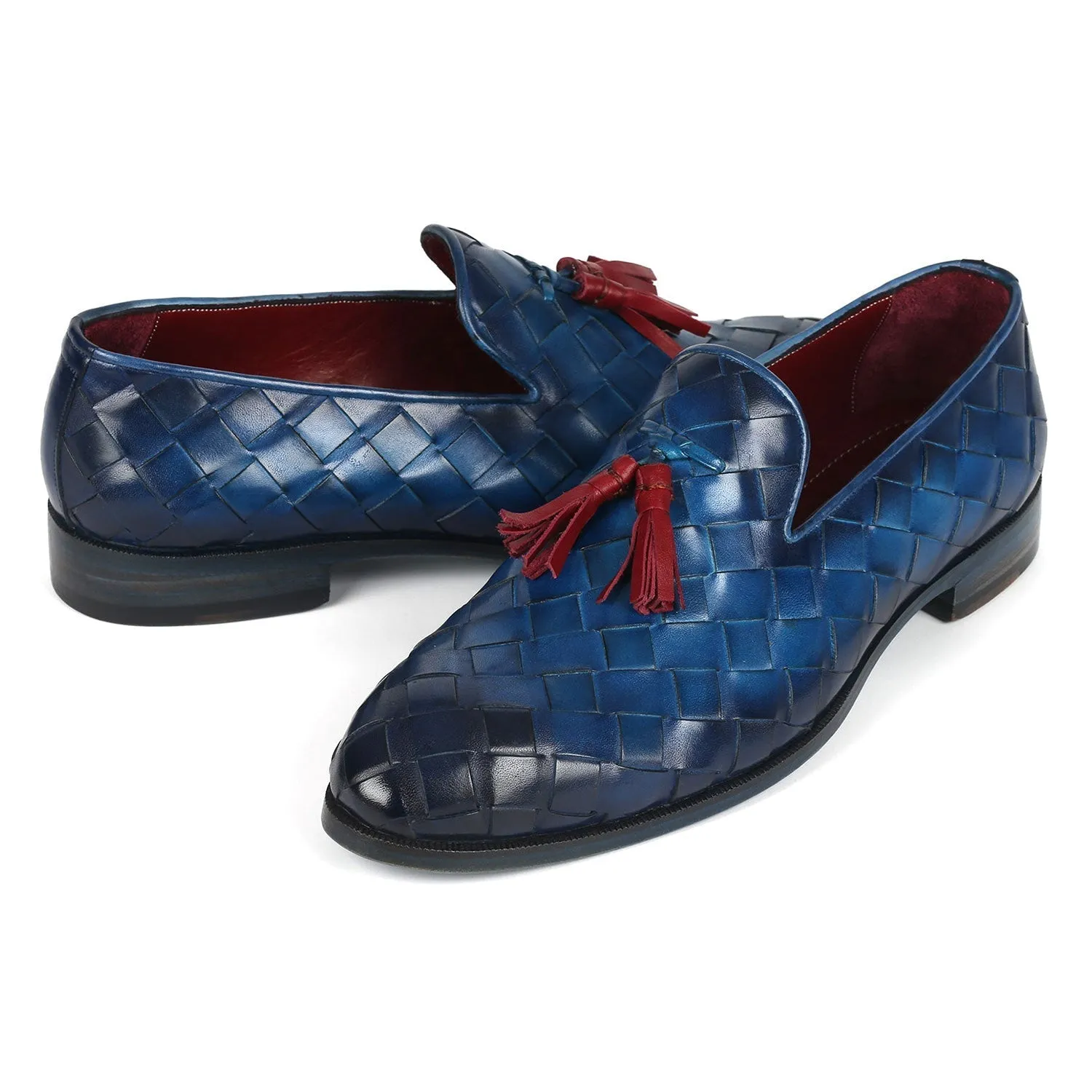 Paul Parkman 6623-BLU Men's Shoes Blue Big Braided Woven Leather Tassel Loafers (PM6377)