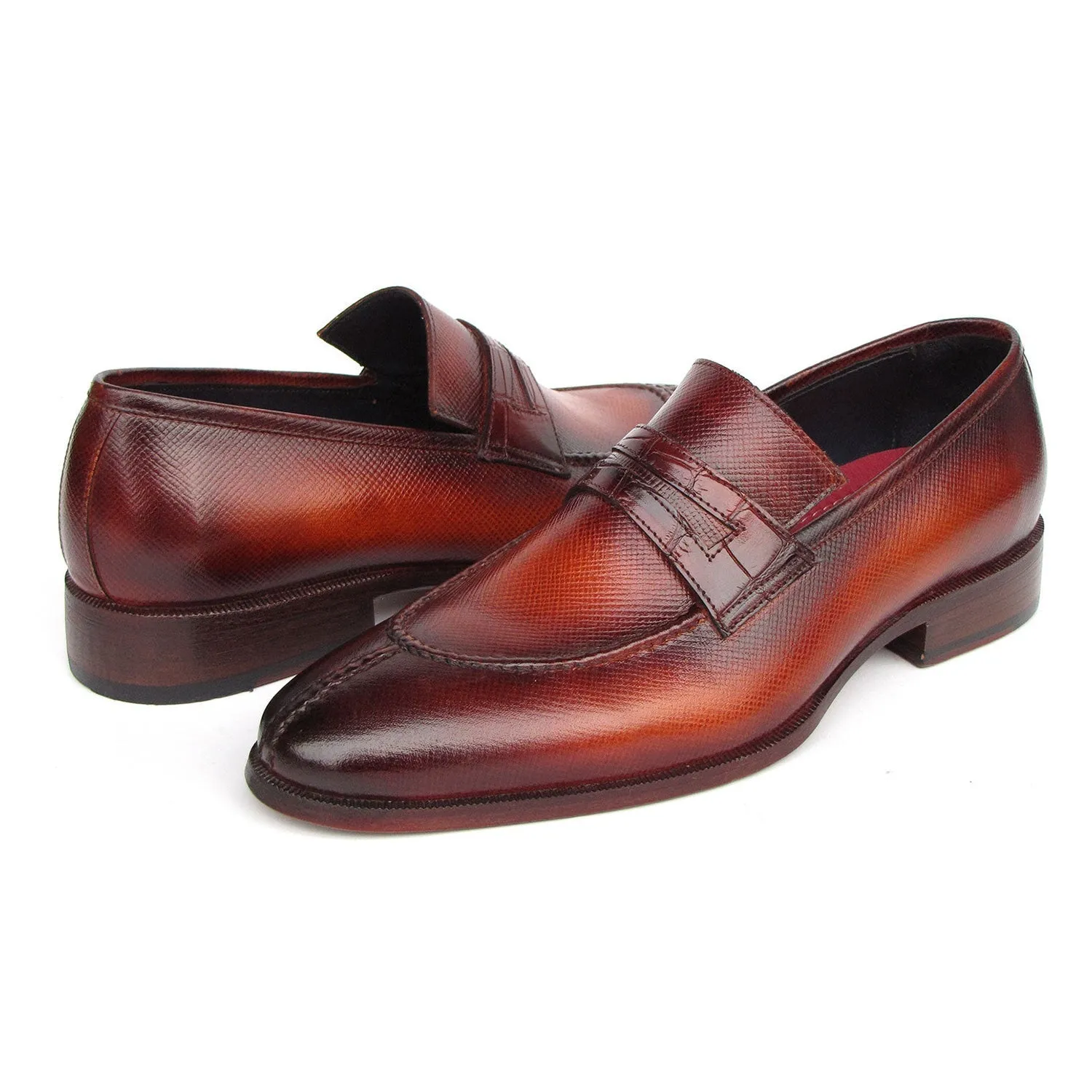 Paul Parkman 694TB25 Men's Shoes Brown Hand-Painted Leather Split To Penny Loafers (PM6396)